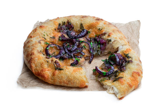 Red Cheddar  and balsamic red onion flatbread isolated on white