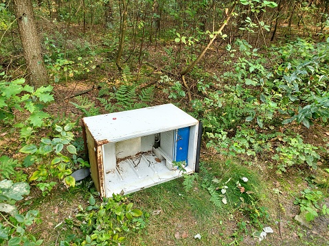 Old broken fridge dumped in the forest in Poland. Illegal garbage disposal in nature.