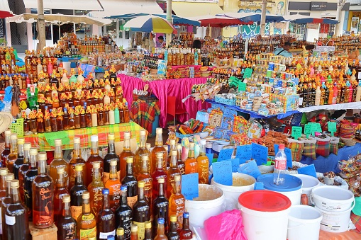 Souvenir shop with beverages and spices in Pointe-a-Pitre city, Guadeloupe. Pointe-a-Pitre is the biggest city of Guadeloupe.