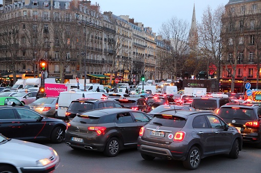 Traffic congestion in Paris, France. Traffic jams have intensified in Paris during transportation workers December strike.