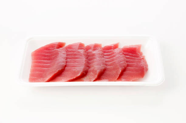 fresh raw tuna steaks on white background - tuna steak tuna prepared ahi meat imagens e fotografias de stock