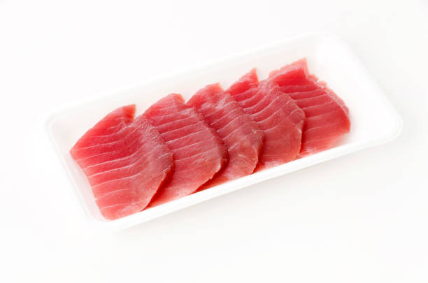 fresh raw tuna steaks on white background - tuna steak tuna prepared ahi meat imagens e fotografias de stock