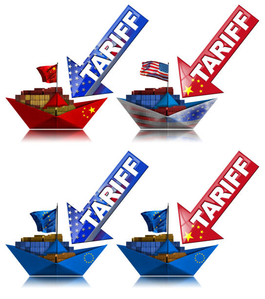 アメリカ中国・欧州連合貿易戦争コンセプトコンテナ船 - usa european union flag trading europe ストックフォトと画像