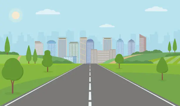Vector illustration of Road To City. Straight empty road through the meadow.