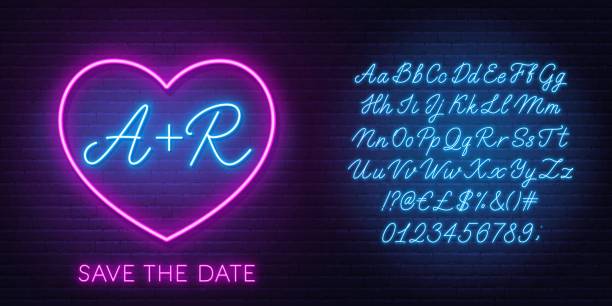 illustrazioni stock, clip art, cartoni animati e icone di tendenza di iniziali al neon nel cuore. carattere script blu neon. simbolo incandescente dell'amore. il modello può essere utilizzato per un invito al matrimonio o un biglietto di san valentino. - i love you frase inglese