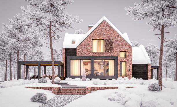 istock 3d rendering of modern clinker house on the ponds with pool in evening night 1250254396