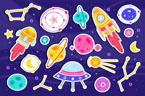 Big space vector flat illustration, set of elements, icons. Isolated on background. Rocket, alien spaceship, planet, star, moon, asteroid, meteor, constellation, space probe, galaxy. Sticker sheet. Big space vector flat illustration, set of elements, icons. Isolated on background. Rocket, alien spaceship, planet, star, moon, asteroid, meteor, constellation, space probe, galaxy. Sticker sheet. clip art of a meteoroids stock illustrations