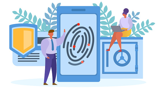 Fingerprint protection acess to smartphone concept, vector illustration. Security technology, network identity safety. Flat data privacy lock, woman man character on electronic device.