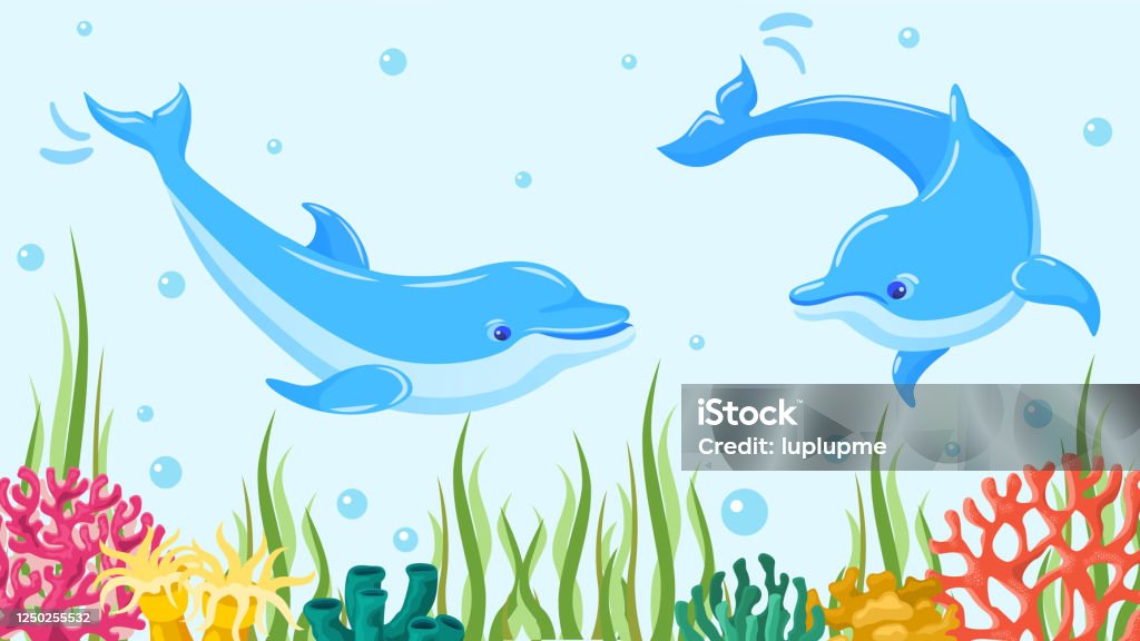 Lumba-lumba laut bawah laut, ilustrasi vektor. Ikan di air laut biru, hewan mamalia air laut. Satwa liar di karang dan terumbu karang - Bebas Royalti Lumba-lumba - Cetacea vektor stok