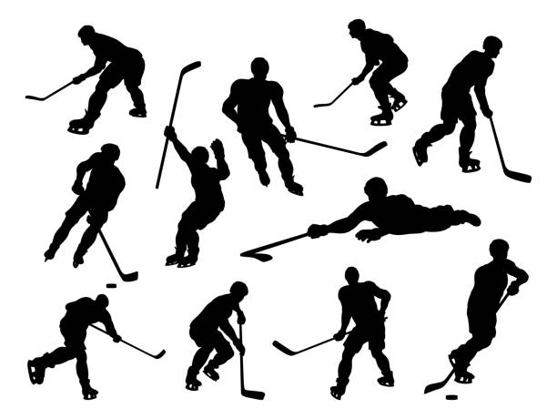 illustrations, cliparts, dessins animés et icônes de silhouettes de joueur de hockey - ice hockey hockey puck playing shooting at goal