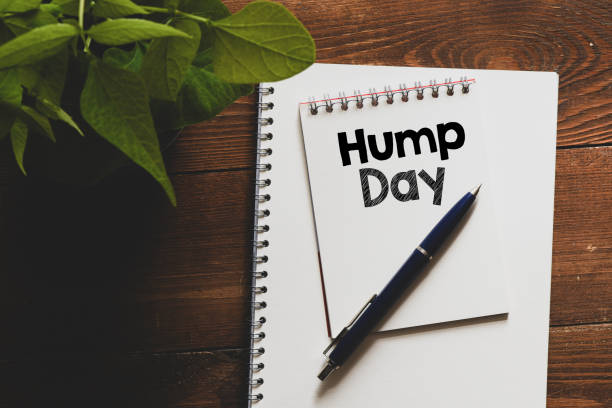 istock HUMP DAY text written in an office notebook on a wooden table. 1250256753