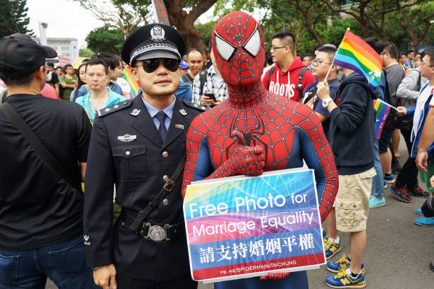 gay pride event in taipei, taiwan - spider man stockfoto's en -beelden