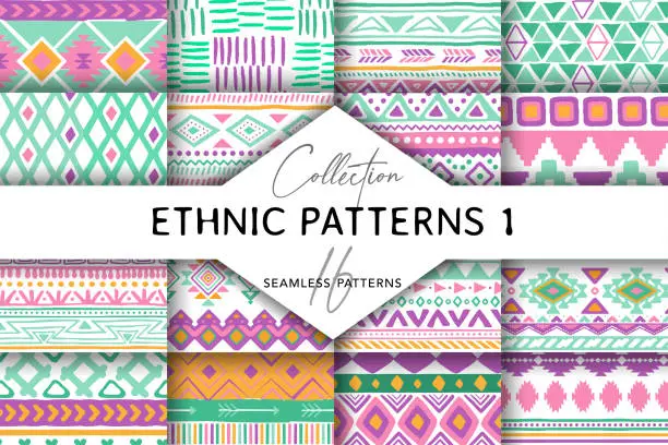 Vector illustration of Collection of 16 Ethnic seamless pattern