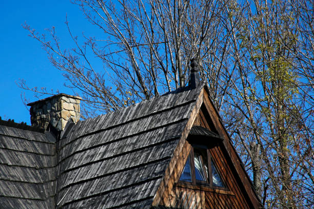 istock shingle roof and stone chimney 1250259544