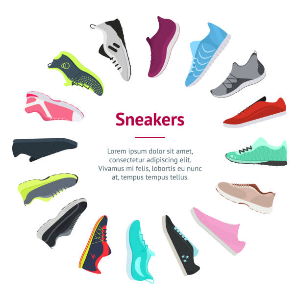 istock Cartoon Color Different Sneakers Shoes Banner Card Circle. Vector 1250260960