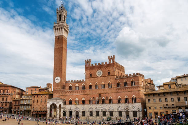 Public Palace, Public Palace in Square field, Camp Square. Siena Tuscany, Italy Siena Tuscany, Italy, April, 2018: Public Palace, Palazzo Pubblico in campo Square, Piazza del campo. Siena Tuscany, Italy. High quality photo derby city stock pictures, royalty-free photos & images