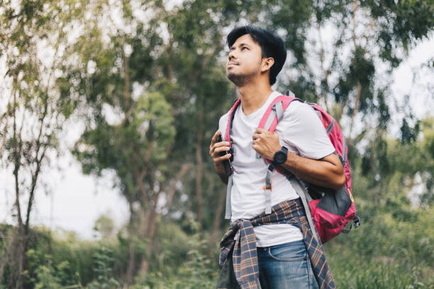 istock Young Asian man traveling backpacker in the forest 1250261097