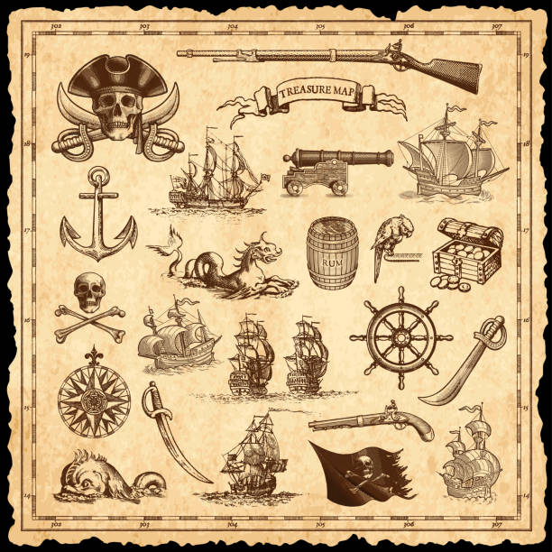 해상 세트 - antique ship stock illustrations