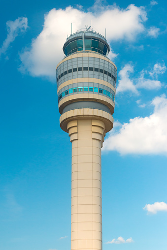 Hartsfield-Jackson International Airport, Atlanta, Georgia, United States - July 15, 2012:  A close-up view of the control Tower at Hartsfield-Jackson International Airport