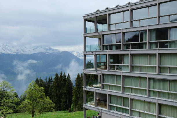 Jun 2016, Zermatt, Switzerland. Modern hotel on hill top with panoramic view.