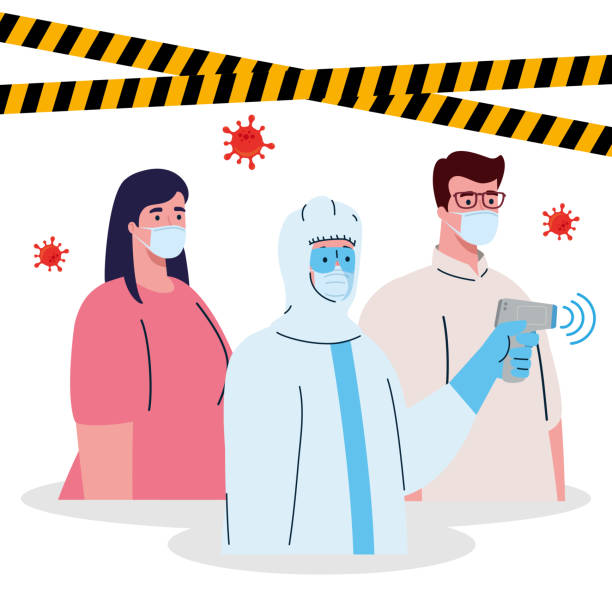 disinfection, person in viral protective suit, with digital non contact infrared thermometer, couple in check temperature disinfection, person in viral protective suit, with digital non contact infrared thermometer, couple in check temperature vector illustration design non gender figure stock illustrations
