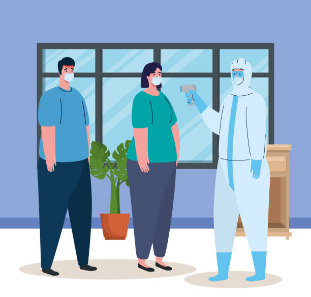 disinfection, person in viral protective suit, with digital non contact infrared thermometer, couple in check temperature in the house disinfection, person in viral protective suit, with digital non contact infrared thermometer, couple in check temperature in the house vector illustration design non gender figure stock illustrations