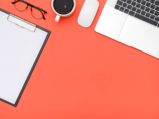 istock Workspace on color desk in home office with copy space for your design. Top view. Flat lay 1250267766