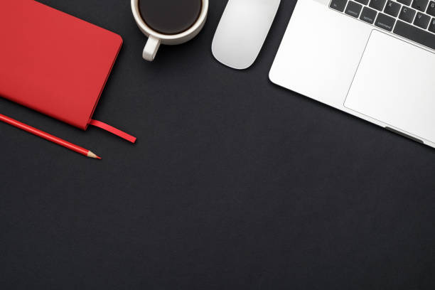 Workspace on color desk in home office with copy space for your design. Top view. Flat lay