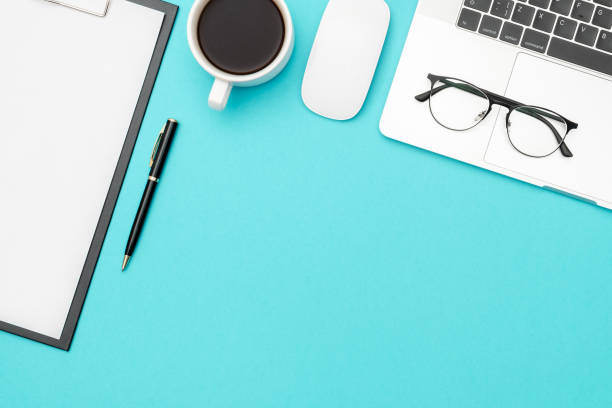 istock Office desk table with laptop, and supplies. Top view with copy space. Flat lay 1250267817
