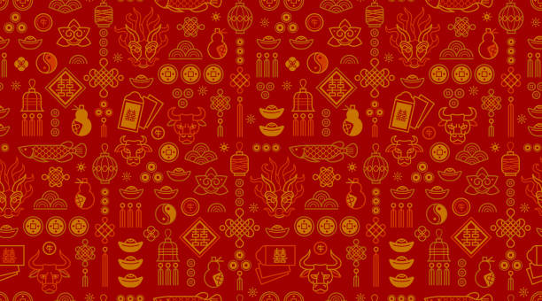 Vector seamless pattern in Chinese style design, gold elements on white background. Ox Zodiac sign, Symbol of 2021 on the Chinese calendar. Vector seamless pattern with outline illustration of Chinese style design, gold elements on white background. Ox Zodiac sign, Symbol of 2021 on the Chinese calendar. White Metal Bull. Chinese translation: Bull. china symbol stock illustrations