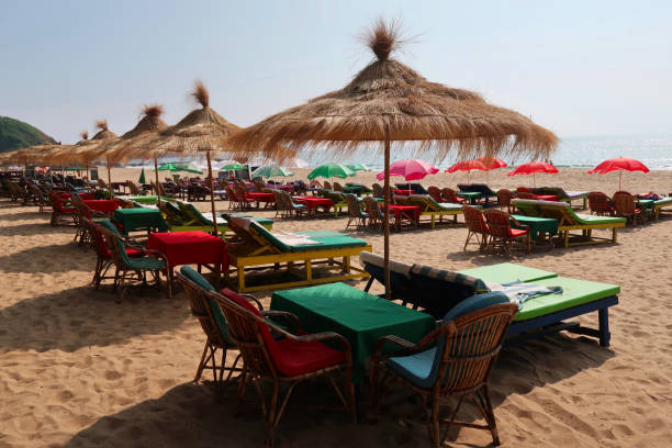 파라솔 우산 아래 나무 녹색 일광욕 라운저 침대가 있는 해변 휴가 이미지, 일광욕을 즐기고 그늘에서 밖에서 자고있는 비치 타월, 나무 일광욕용 라운저 열대 해변 휴가 인 고아 / 케랄라, 인도 - goa beach india green 뉴스 사진 이미지