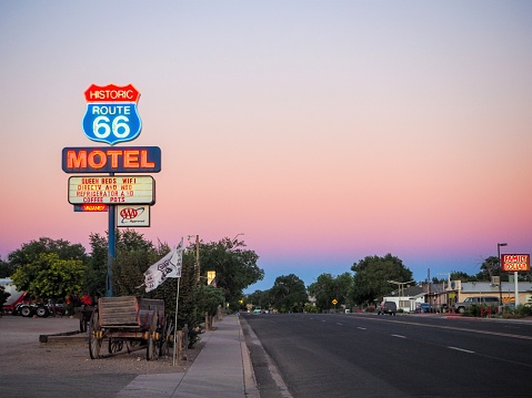 Kingman, Arizona, USA - March 11, 2023: Arizona skies over the newly remodeled Route 66 Motel on historic Route 66.