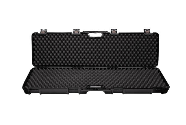 istock Hard plastic case for storing and transporting weapons. Black gun case with foam inside isolate on a white background. 1250270587