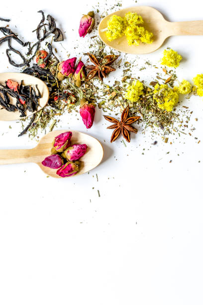 istock Herbs in spoons on white background top view mock up 1250270610