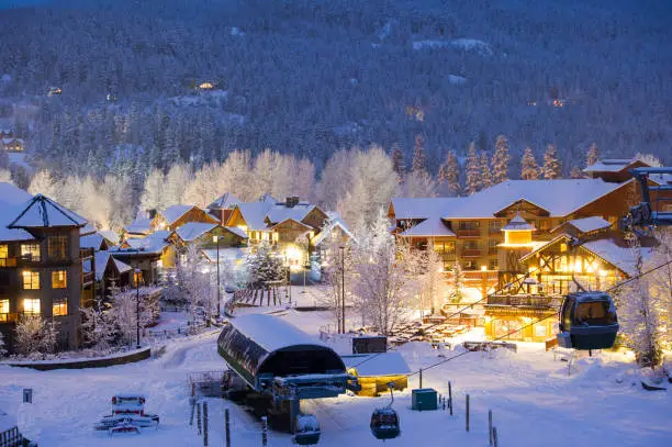 Festive evening in Whistler Creekside. Whistler at Christmas. Top ski resorts in the world. Best travel destinations in Canada.