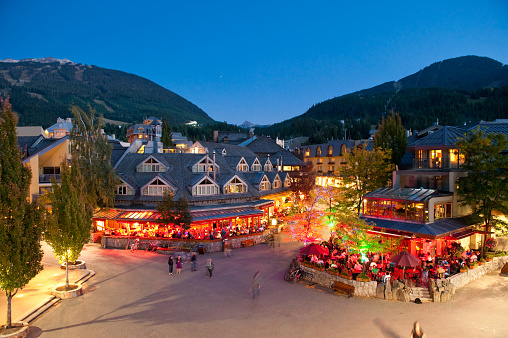 Aerial view of Whistler Village in summer. Canada's top tourist destinations. Best ski resorts to visit in summer.