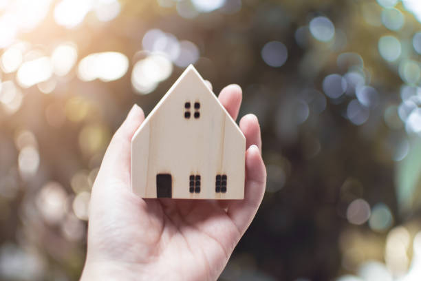 istock Focus on hand holding a wooden house 1250272765