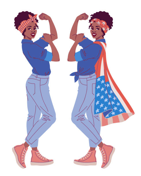 We Can Do It retro poster. Black African American lady standing with USA flag in classic pose as symbol of girl power and women's rights movement. Vector cartoon illustration isolated on white background rosie the riveter cartoon stock illustrations