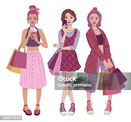 istock Fashion illustration. Trendy teenage girls with shopping bags wearing casual street style outfits. 1250273529