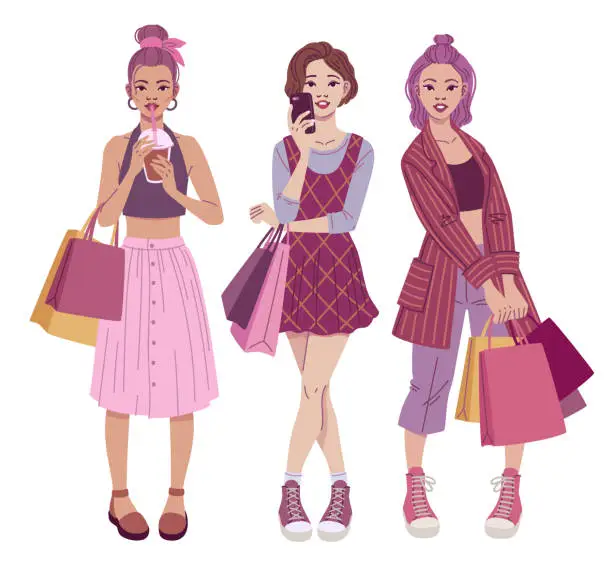 Vector illustration of Fashion illustration. Trendy teenage girls with shopping bags wearing casual street style outfits.