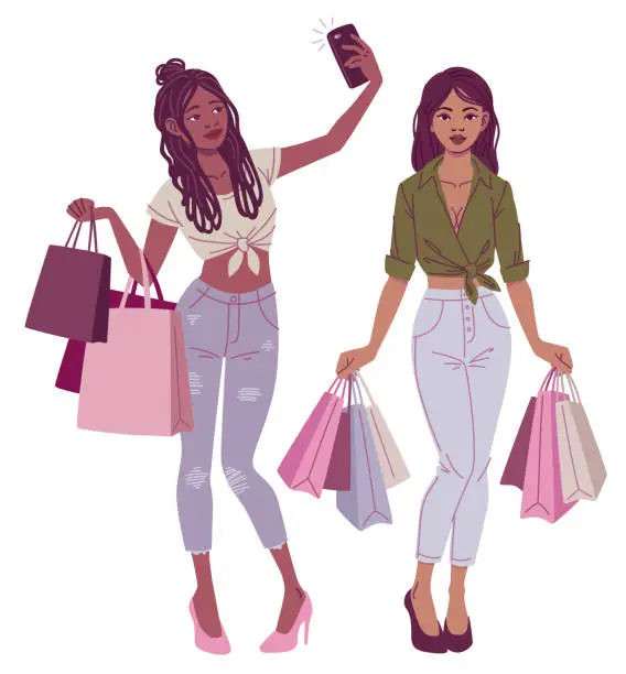 Vector illustration of Fashion illustration. Beautiful women in sexy summer outfits carrying shopping bags and taking selfie.