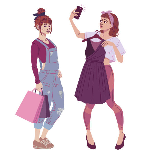 ilustraciones, imágenes clip art, dibujos animados e iconos de stock de ilustración de moda. retrato de cuerpo completo de jóvenes compradoras que llevan bolsas de compras, probarse la ropa y tomar selfie. - female young women red hair full length