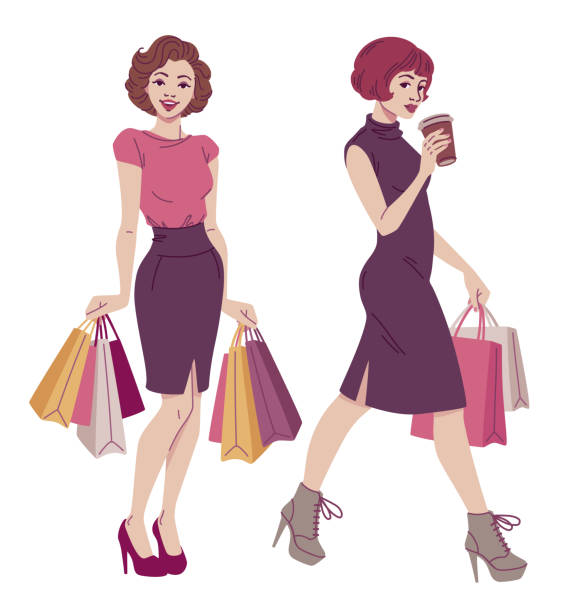Retro style fashion illustration. Beautiful women with shopping bags in classic and elegant vintage dresses. Vector drawing isolated on white background. 60s style dresses stock illustrations