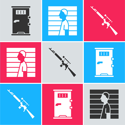Set Prison cell door, Suspect criminal and Sniper rifle with scope icon. Vector