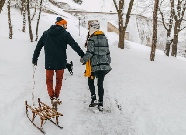 istock Couple in the snow play with dog 1250275025
