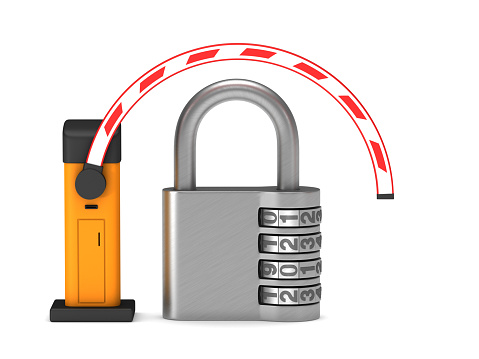 automatic barrier and padlock on white background. Isolated 3D illustration
