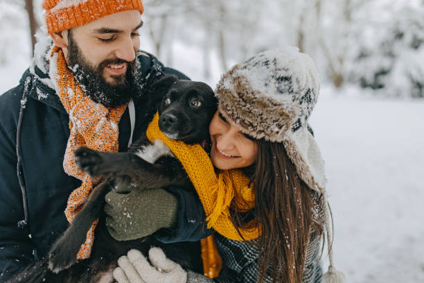 istock Couple in the snow play with dog 1250275098
