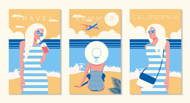 istock set of travel posters. Young woman on the beach. Vector illustration 1250279457