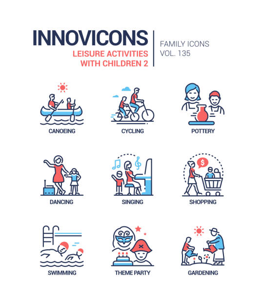Leisure activities for children - line design style icons set Leisure activities for children - line design style icons set. Parents spending time with kids. Sports, arts. Canoeing, cycling, pottery, dancing, singing, shopping, swimming, theme party, gardening red white blue bike stock illustrations