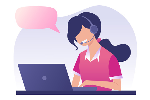 Young woman is working on a laptop. Call center. The girl answers the call, support service. Online consultation, online help. Vector flat illustration. Dispatcher